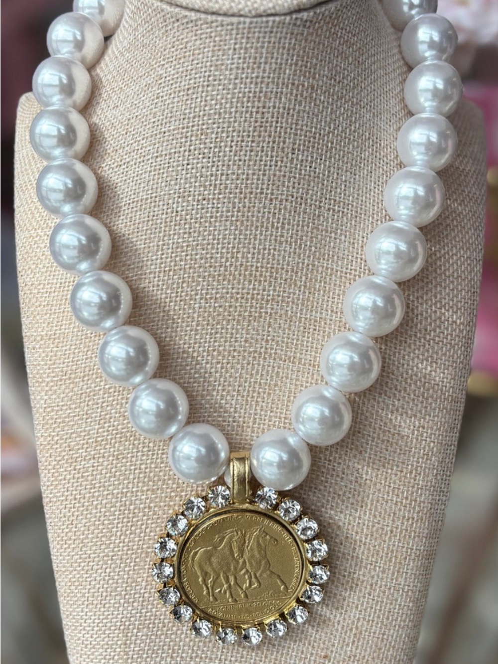 Classic White Pearl Necklace with Gold Horse Medallion Coin Pendant